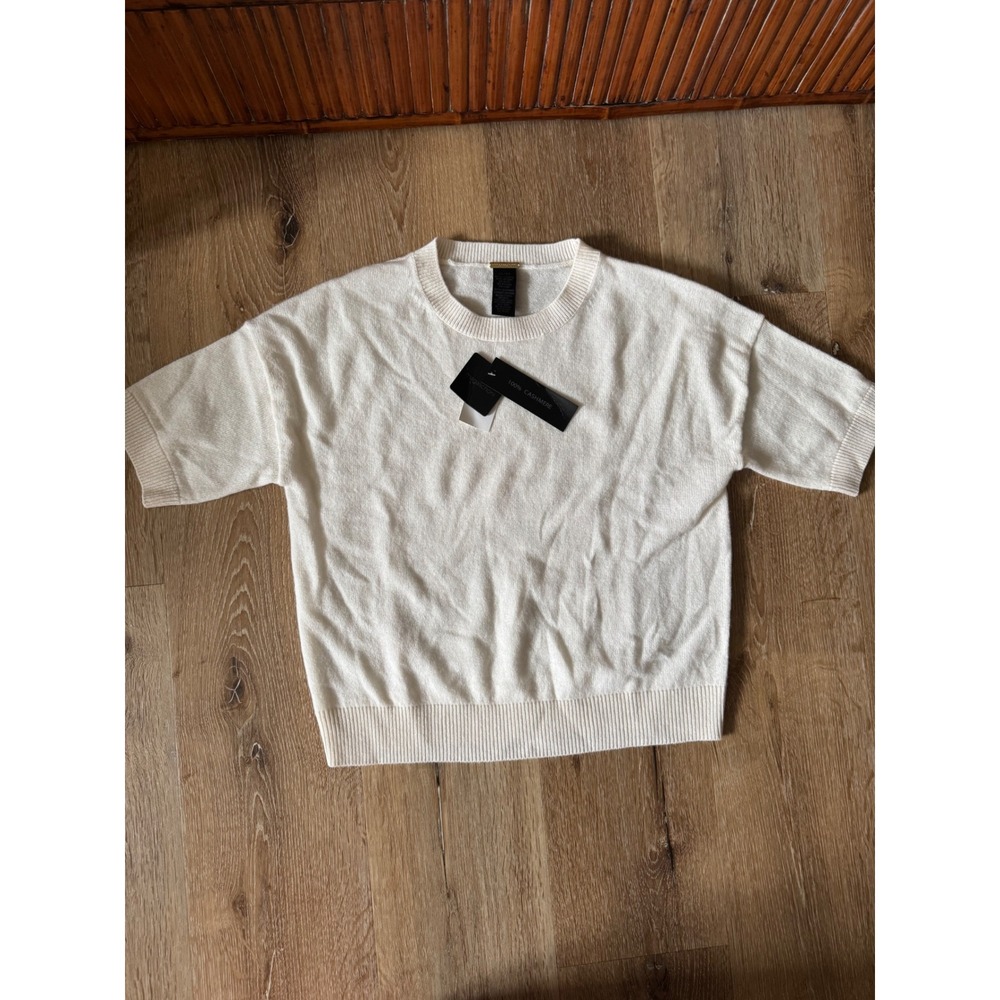 Magaschoni Cream White Womens Cashmere‎ Short Sleeve Crew Neck Sweater Size XS